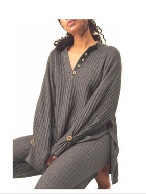 Free People Intimately Around The Clock Henley Sweater Gray Ribbed Pullover XS